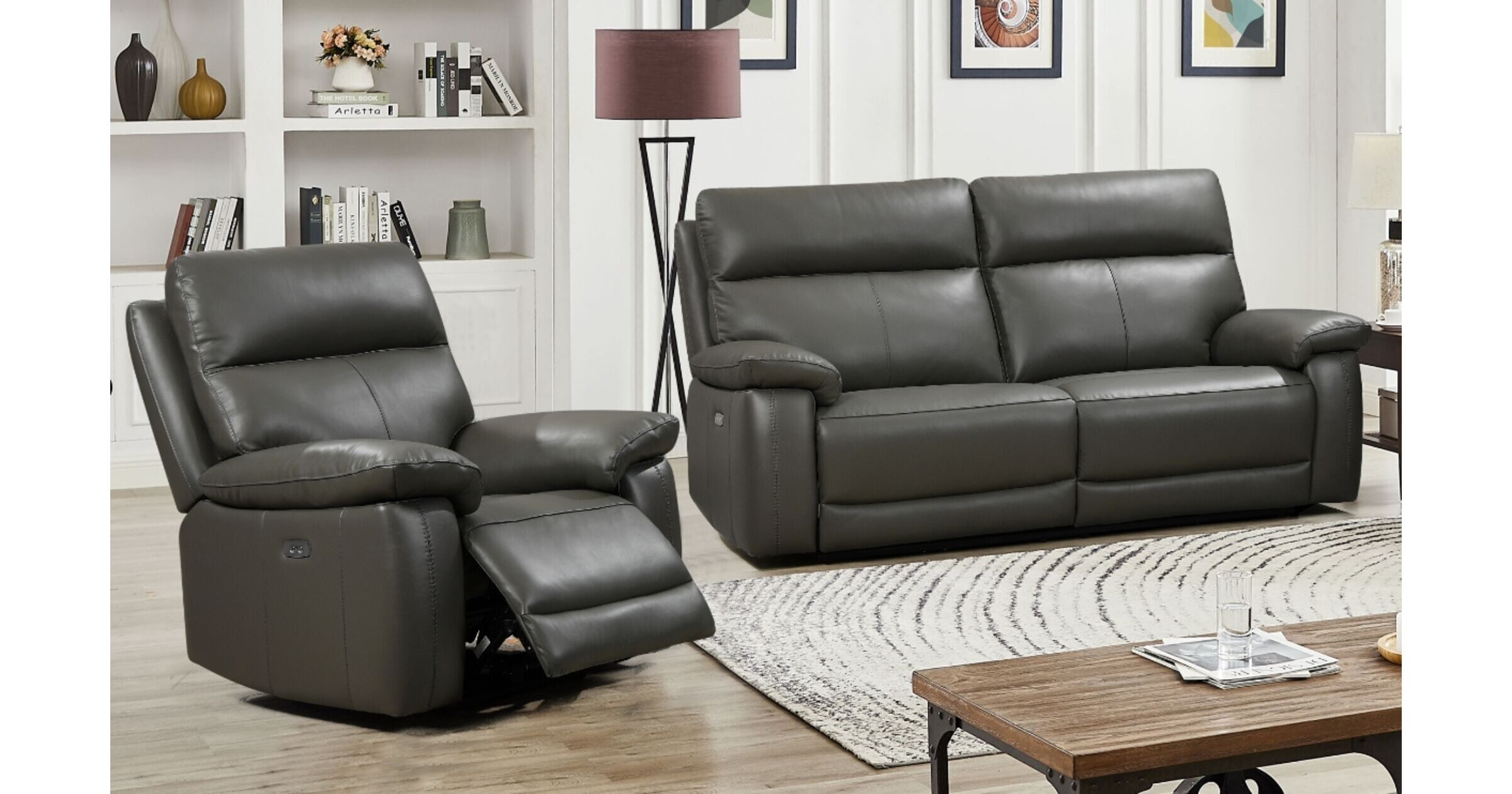 Dallas 3+1 Seater Electric Reclining Sofa Suite Grey Leather Designer