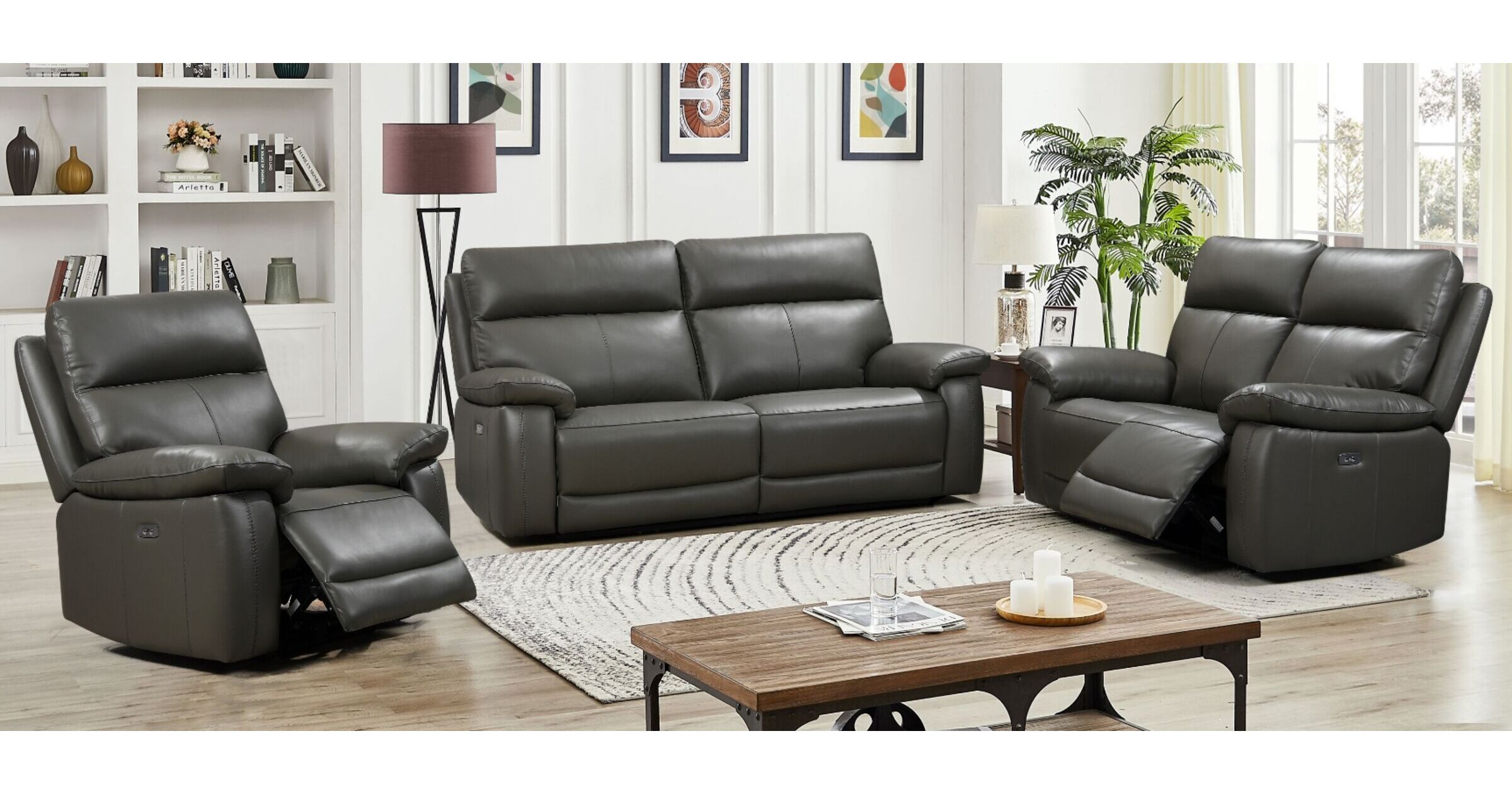 Dallas 3+2+1 Seater Electric Reclining Sofa Suite Grey Leather