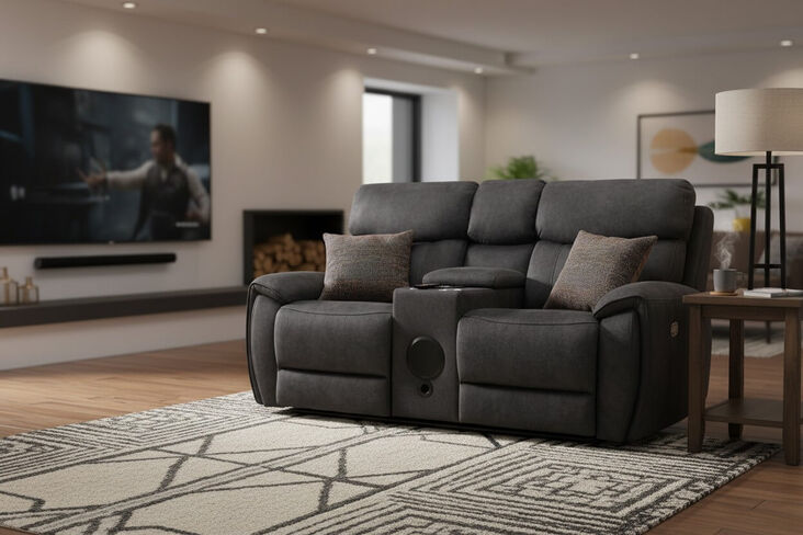 Dino 2 Seater Electric Reclining Cinema Console & Built In Speaker Sofa Black Fabric