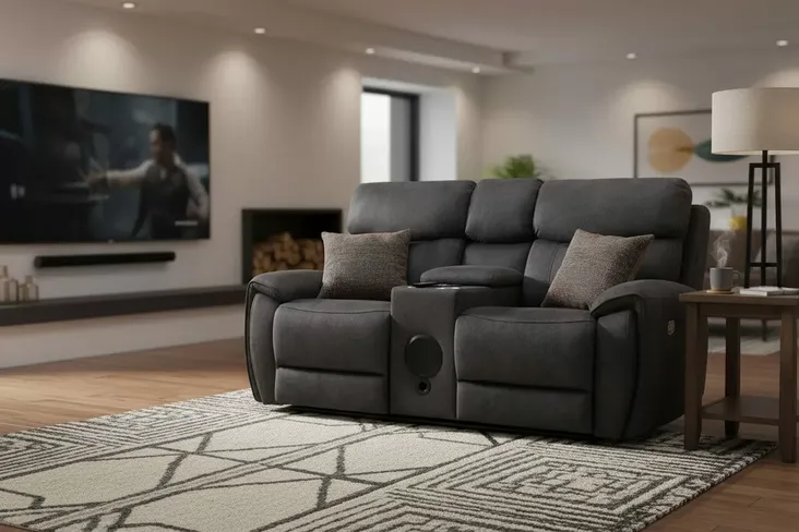 Dino 2 Seater Electric Reclining Cinema Console & Built In Speaker Sofa Black Fabric