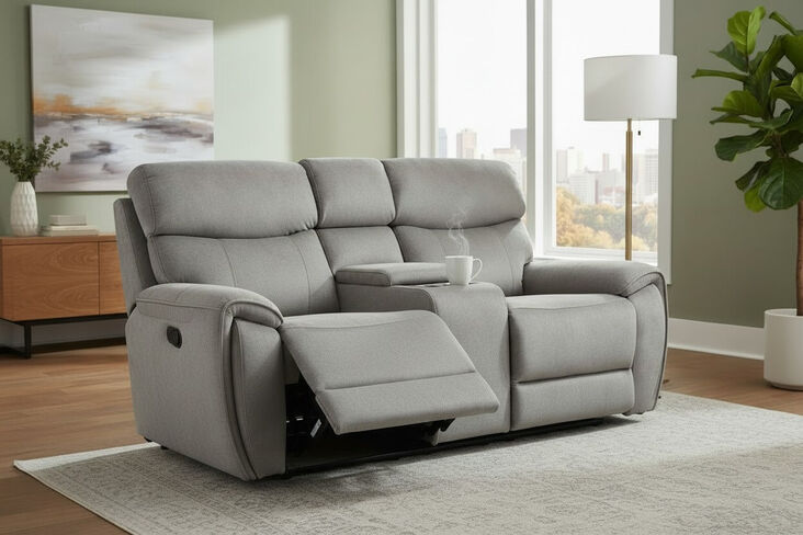Dino 2 Seater Electric Reclining Cinema Console Sofa Silver Fabric