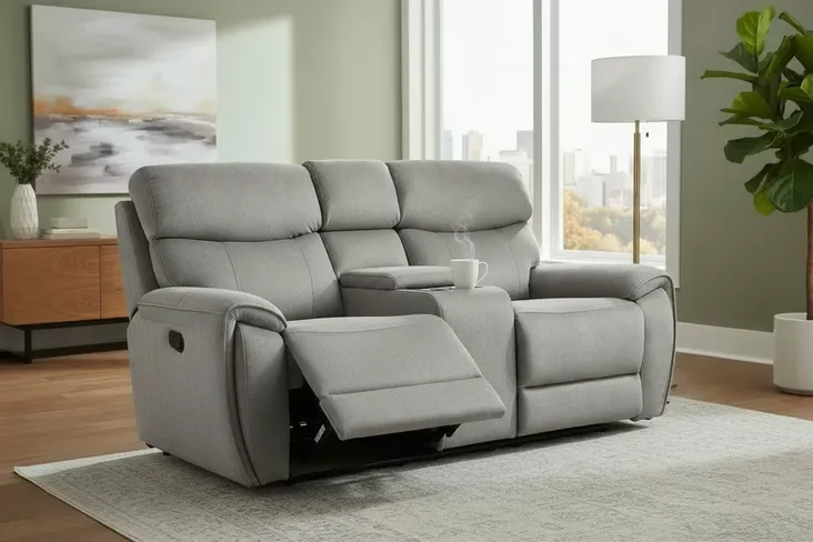 Dino 2 Seater Electric Reclining Cinema Console Sofa Silver Fabric