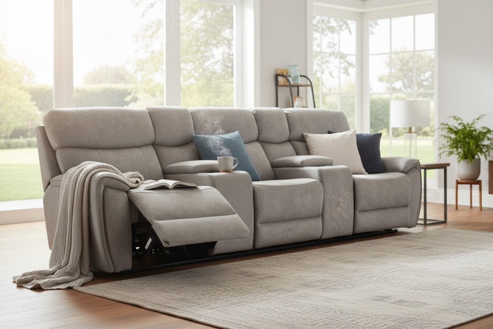 Dino 3 Seater Electric Reclining Cinema Theatre Sofa Silver Fabric
