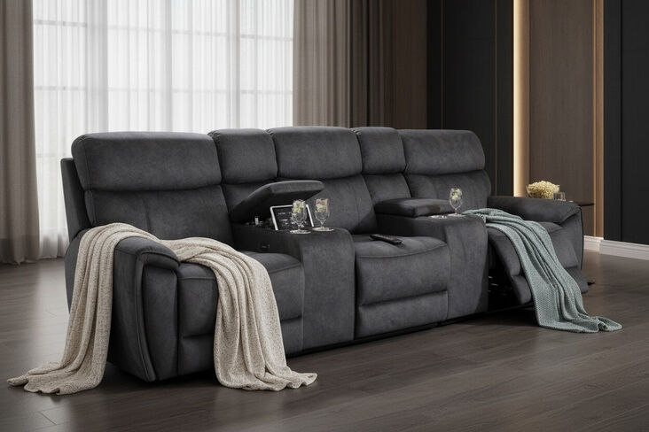 Dino 3 Seater Electric Reclining Cinema Theatre Sofa Black Fabric