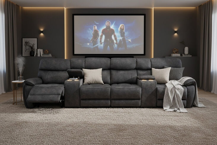 Dino 4 Seater Electric Reclining Cinema Theatre Sofa Black Fabric