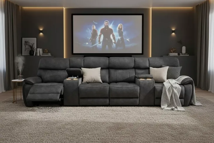 Dino 4 Seater Electric Reclining Cinema Theatre Sofa Black Fabric