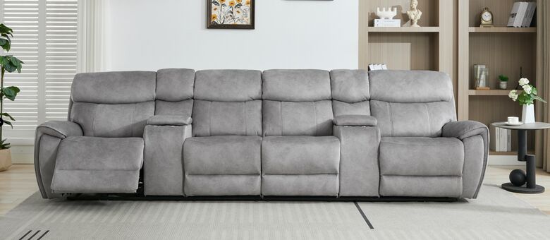 Dino 4 Seater Electric Reclining Cinema Theatre Sofa Silver Fabric