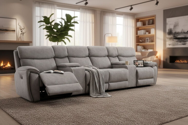 Dino 4 Seater Electric Reclining Cinema Theatre Sofa Silver Fabric