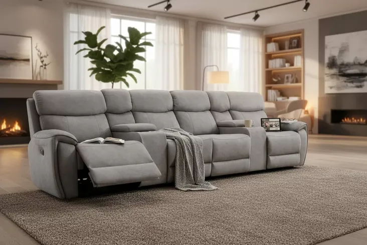 Dino 4 Seater Electric Reclining Cinema Theatre Sofa Silver Fabric