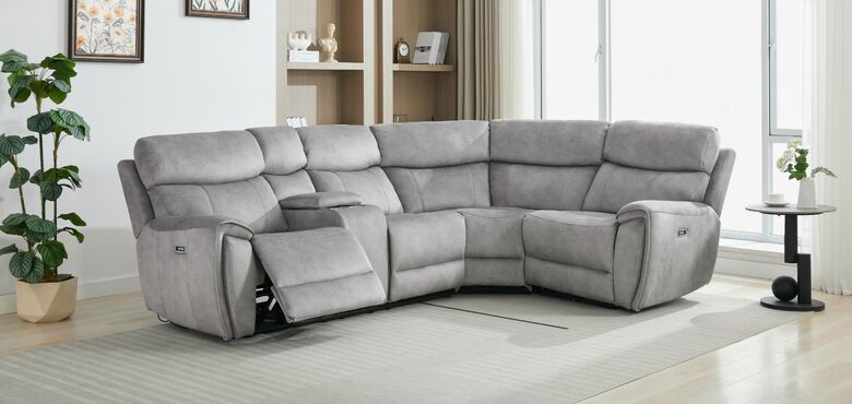 Dino Corner Reclining L Shape Cinema Console Sofa Group Silver Fabric 2+C+1