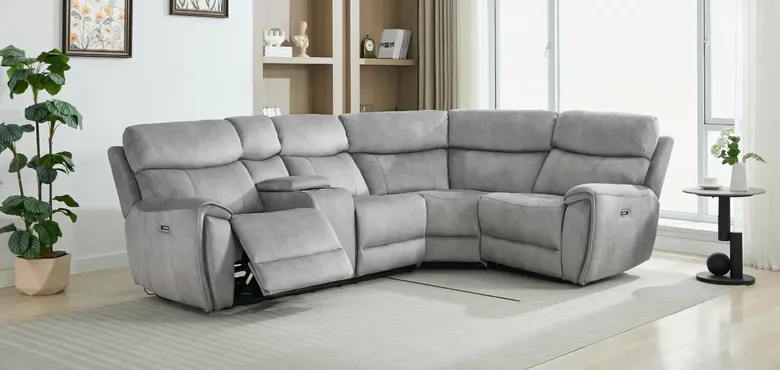 Dino Corner Reclining L Shape Cinema Console Sofa Group Silver Fabric 2+C+1