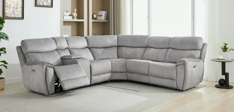 Dino Corner Reclining Cinema Console Sofa Group Silver Fabric 2+Corner+2