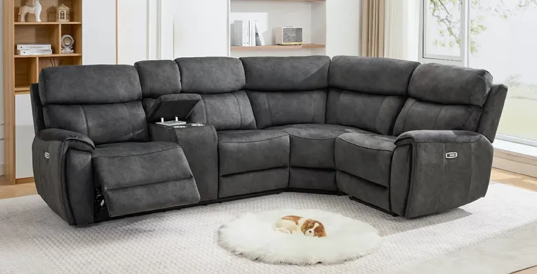 Dino Corner Reclining L Shape Cinema Console Sofa Group Black Fabric 2+C+1