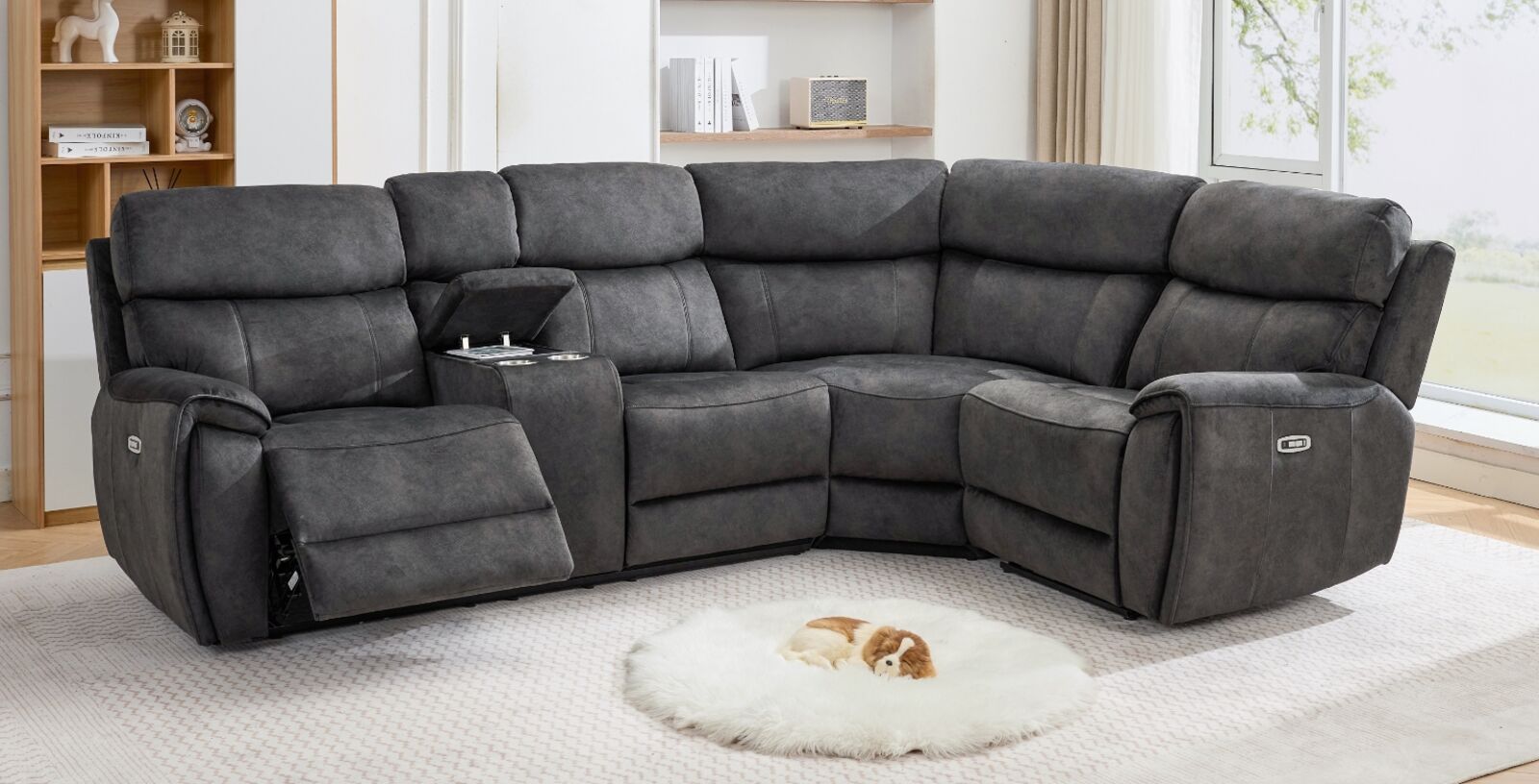 Dino Corner Reclining L Shape Cinema Console Sofa Group Black Fabric 2+C+1