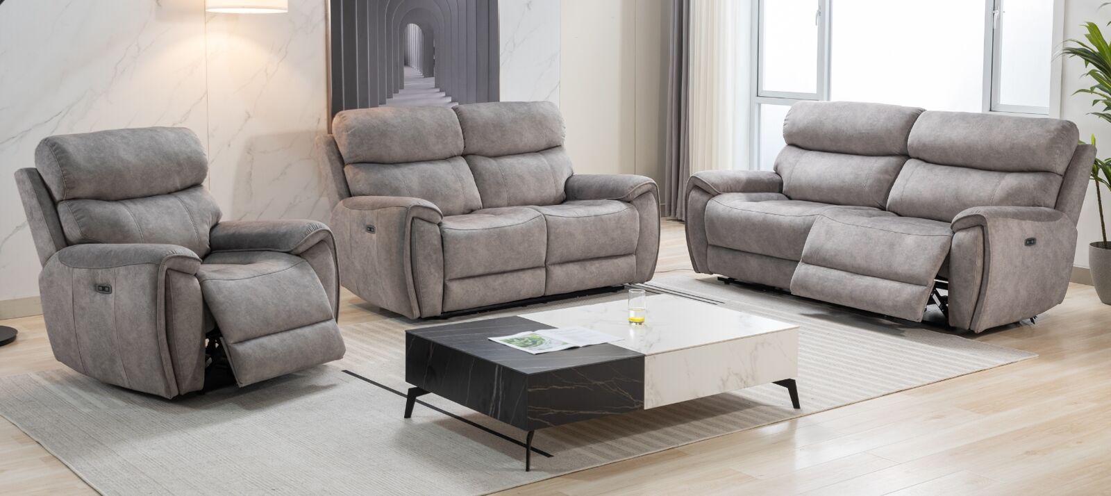 Product photograph of Dino 3 2 1 Seater Electric Reclining Cinema Sofa Suite Silver Fabric from Designer Sofas 4U