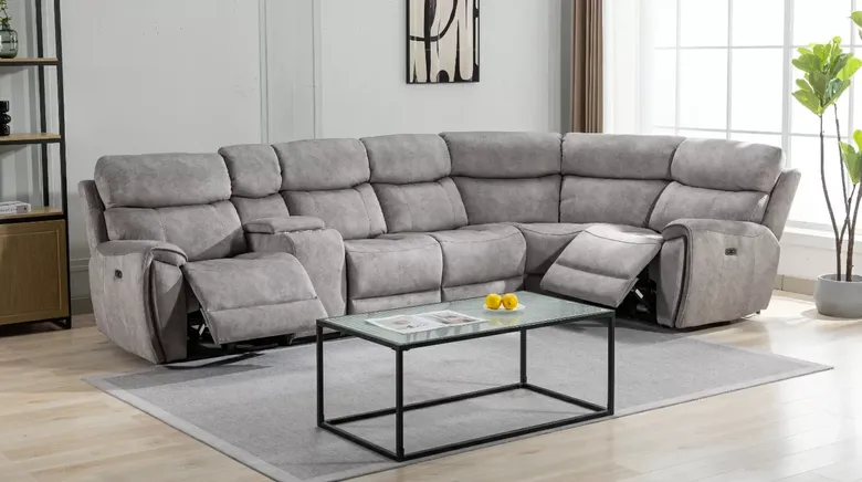 Dino Corner Reclining Cinema Console Sofa Group Silver Fabric 3+C+1