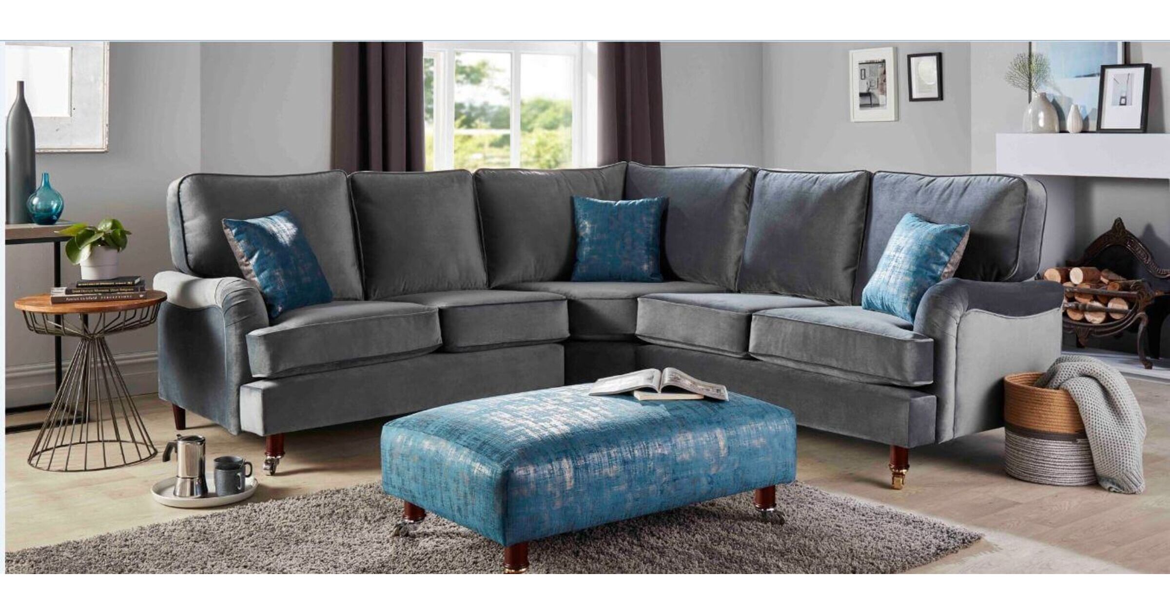Grace Corner Group Fabric Sofa In Malta Slate Grey Velvet Designer
