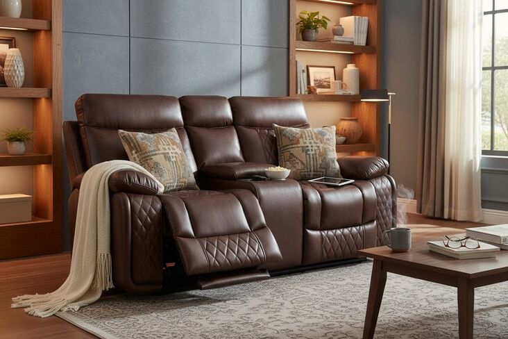 Hampton 2 Seater Cinema Console Reclining Sofa With Cupholder Tan Air Leather