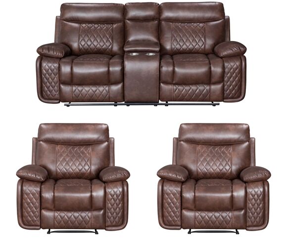 Hampton 2 Seater Console + 2 x 1 Seater Reclining Sofa Suite Tan Air Leather