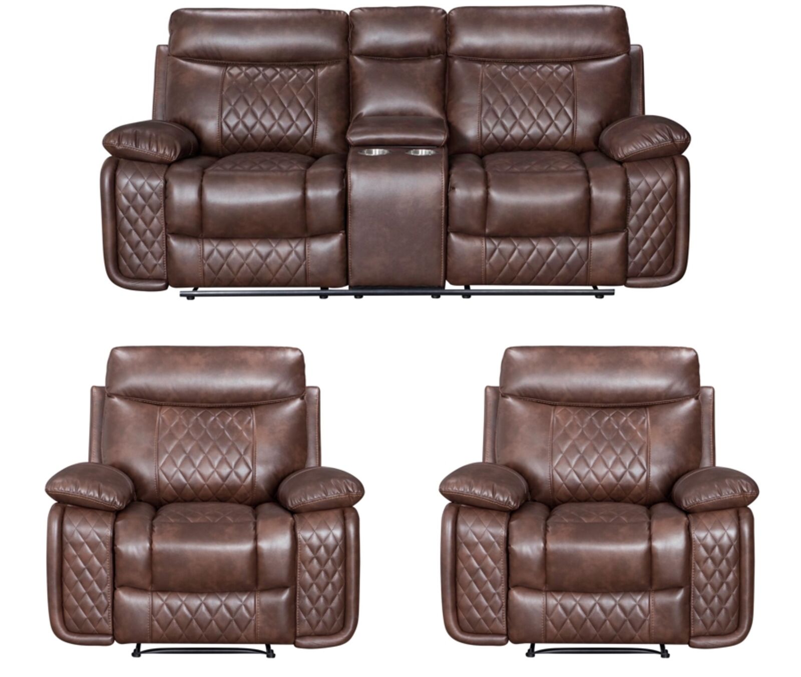 Hampton 2 Seater Console + 2 x 1 Seater Reclining Sofa Suite Tan Air Leather