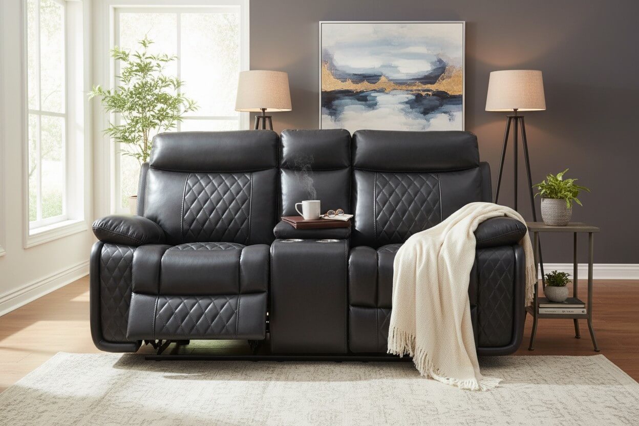 Charcoal leather two-seater reclining sofa with a central cupholder
