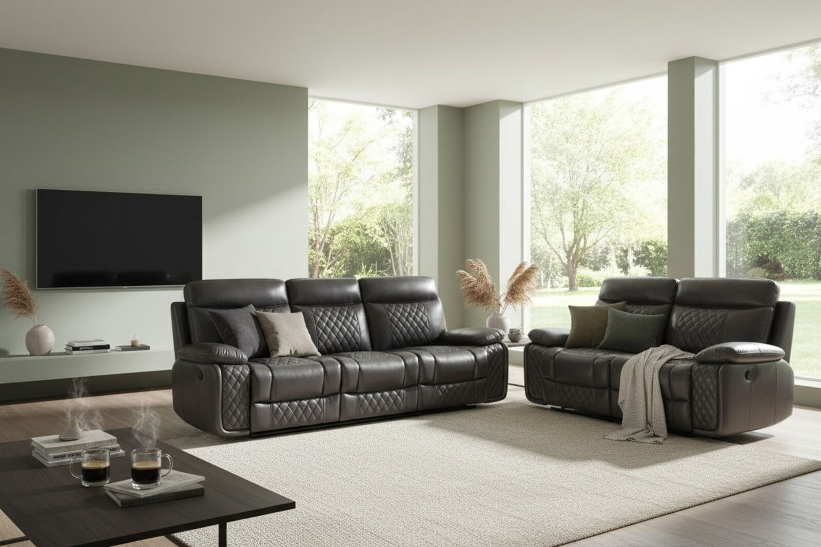 Hampton 3+2 Cinema Console Reclining Sofa Suite Grey Air Leather