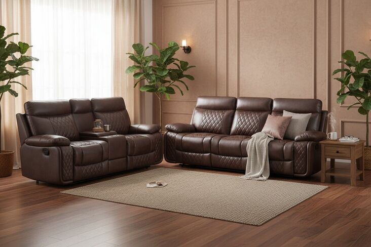 Hampton 3+2 Cinema Console Reclining Sofa Suite Tan Air Leather