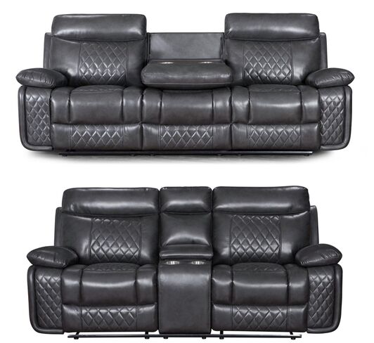 Hampton 3 Seater + 2 Seater Cinema Console Reclining Sofa Suite Grey Air Leather