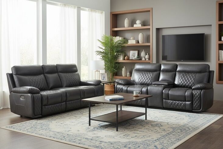 Hampton 3 Seater + 2 Seater Cinema Console Reclining Sofa Suite Grey Air Leather