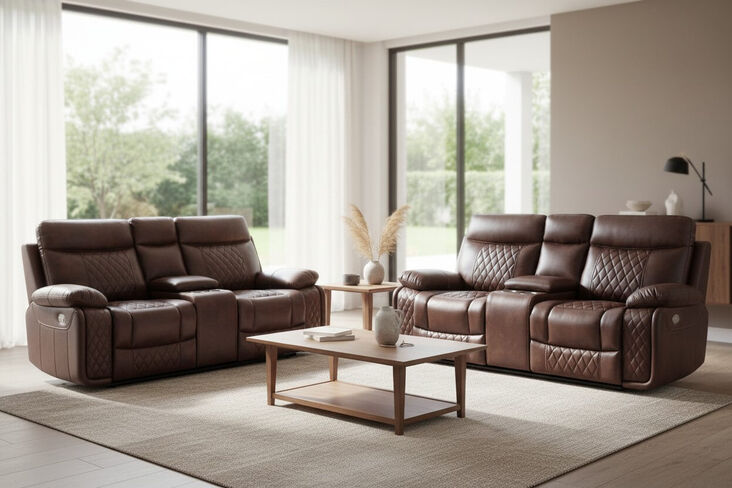 Hampton 3 Seater + 2 Seater Cinema Console Reclining Sofa Suite Tan Air Leather