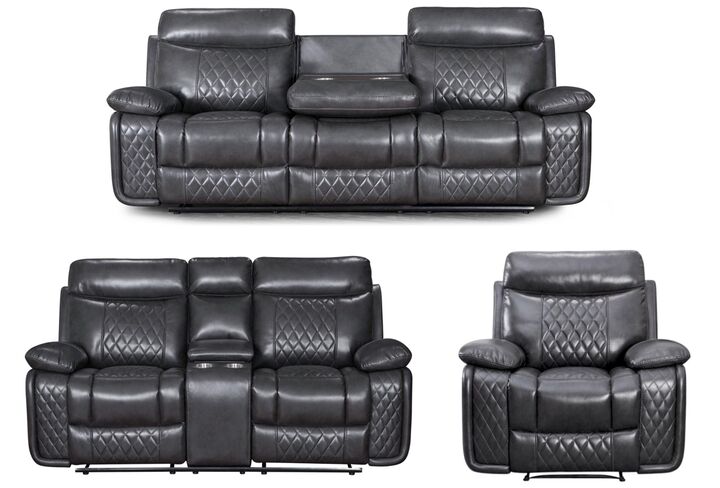 Hampton 3 Seater + 2 Seater Console + 1 Seater Reclining Sofa Suite Grey Air Leather