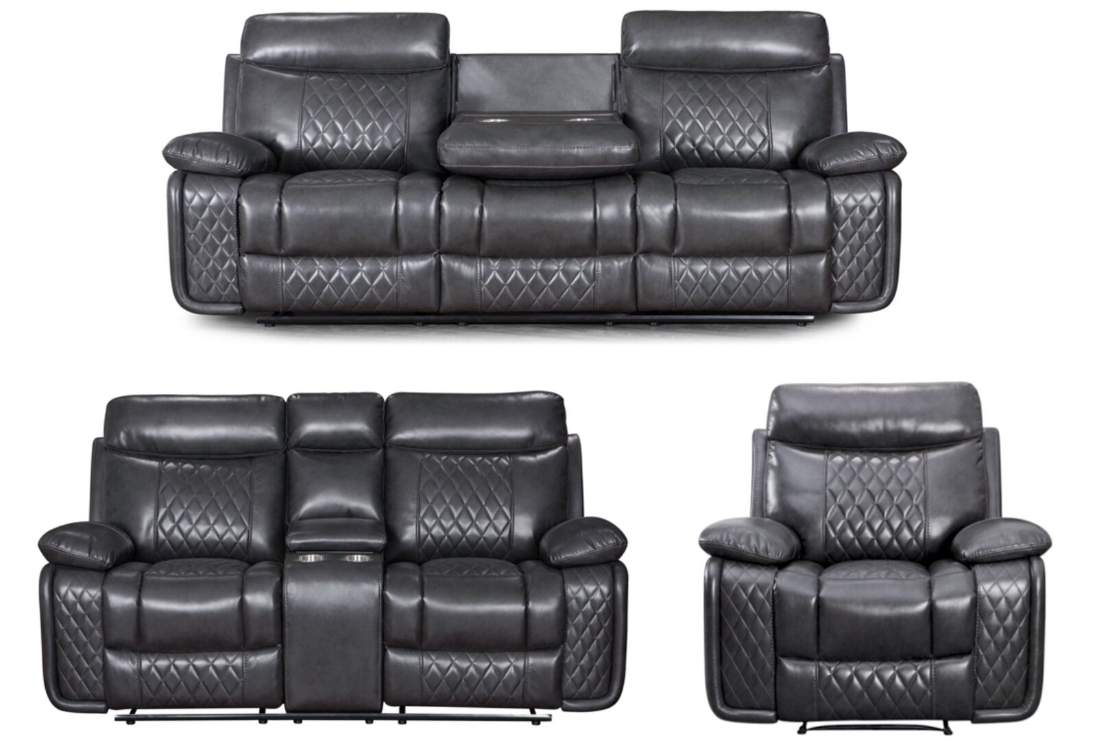 Hampton 3 Seater + 2 Seater Console + 1 Seater Reclining Sofa Suite Grey Air Leather