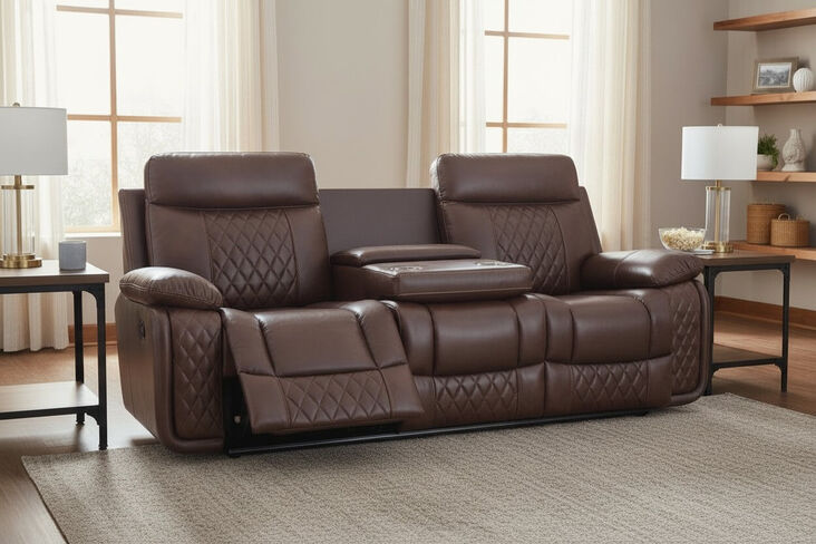 Hampton 3 Seater Leather Cinema Console Reclining Sofa Tan Air Leather