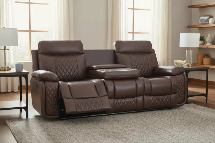 SPECIAL OFFER Hampton 3 Seater Leather Cinema Console Reclining Sofa Tan Air Leather