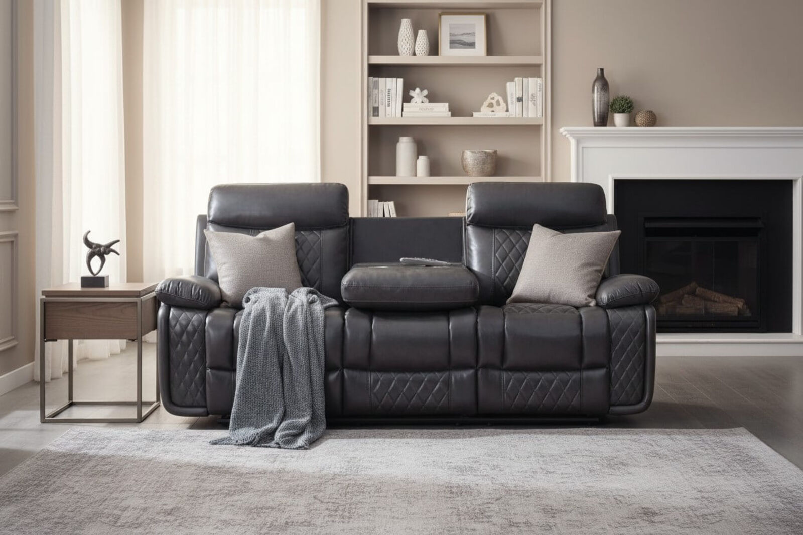 Hampton 3 Seater Reclining Cinema Console Sofa Charcoal Grey Air Leather