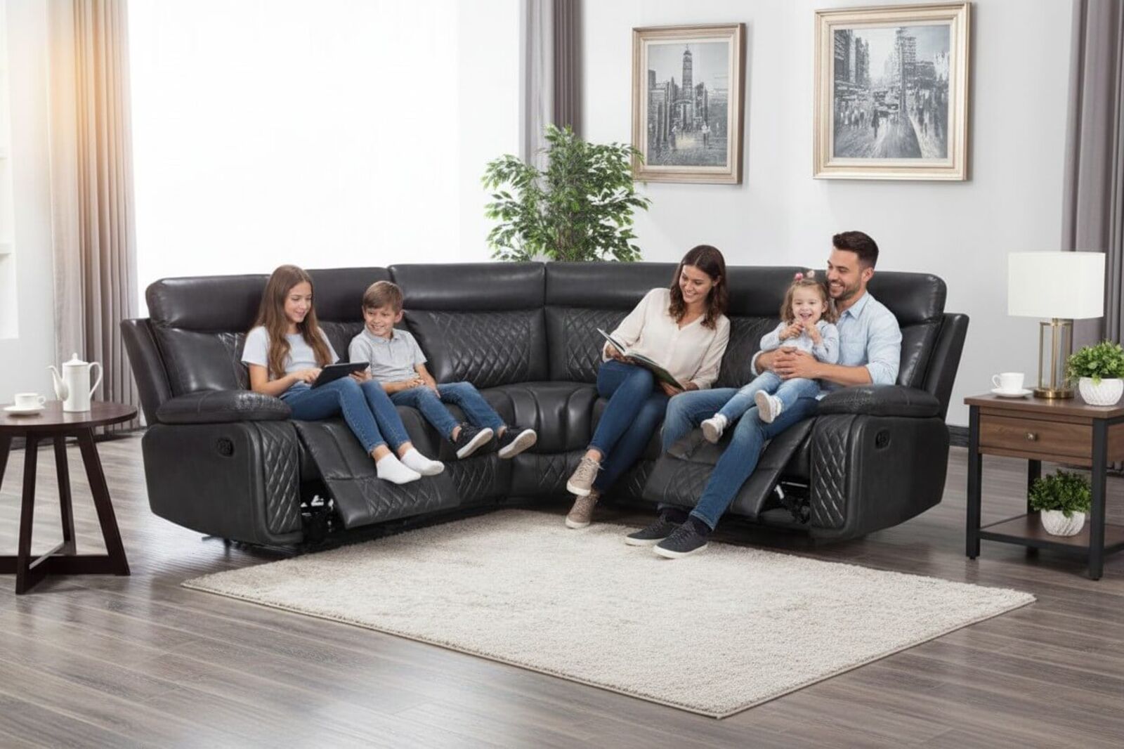 Hampton Reclining Corner Group Sofa 2+C+2 Charcoal Grey Air Leather