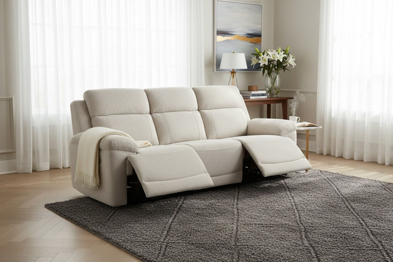 Leon 3 Seater Electric Reclining Cinema Sofa Cream Fabric
