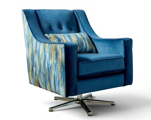 Lucy Modern Velvet Swivel Accent Chair – Blue with Patterned Back
