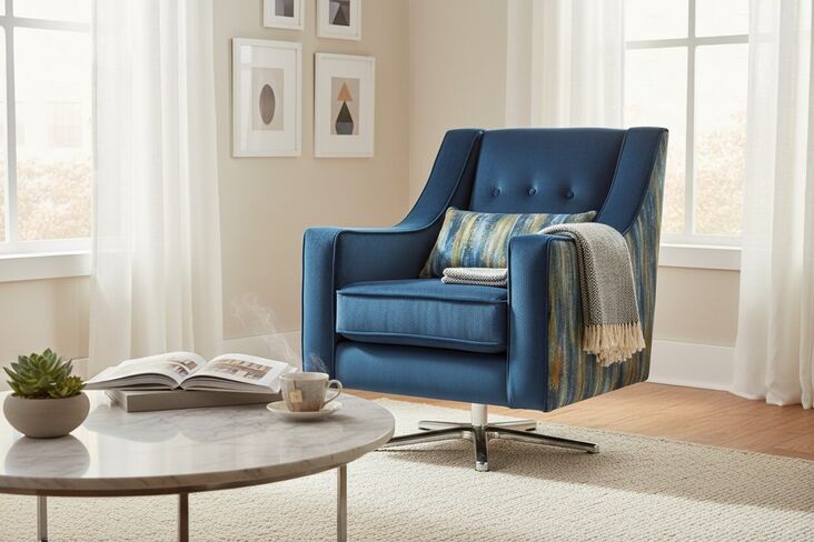 Lucy Modern Velvet Swivel Accent Chair – Blue with Patterned Back