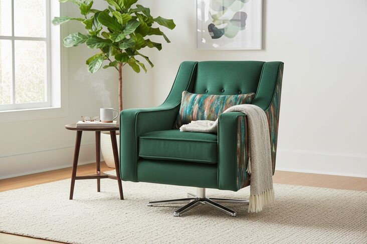 Lucy Modern Velvet Swivel Accent Chair – Emerald Green with Patterned Back