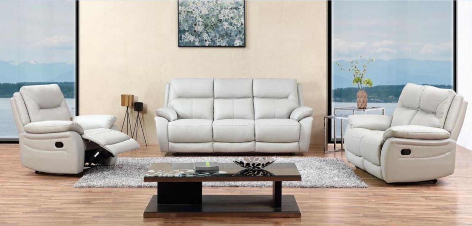 Product photograph of Manhattan 3 2 1 Reclining Sofa Suite Italian Putty Leather from Designer Sofas 4U