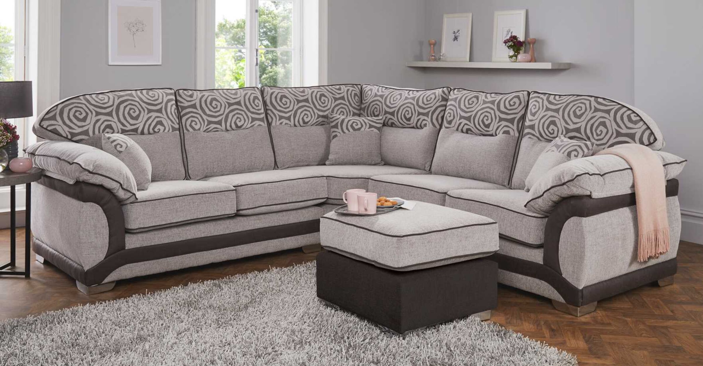 Margaret Fabric Corner Sofa Suite In Orlando Silver Designer Sofas4u