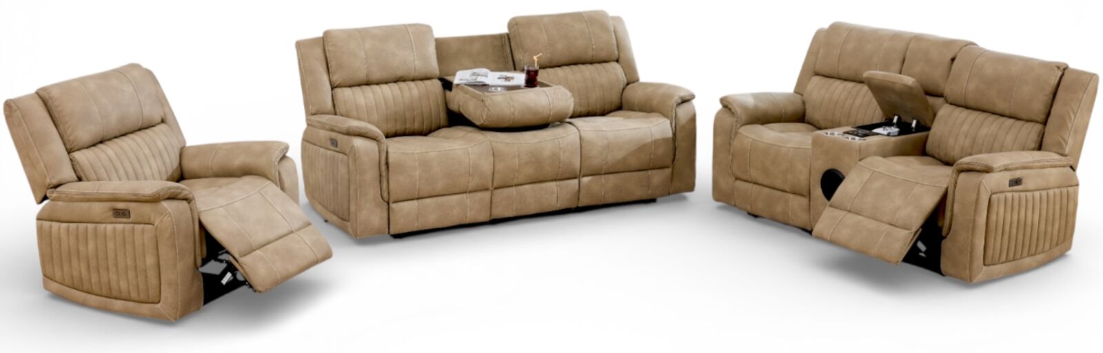 Milan 3+2+1 Seater Reclining Cinema Console Speaker Sofa Suite Bark Fabric