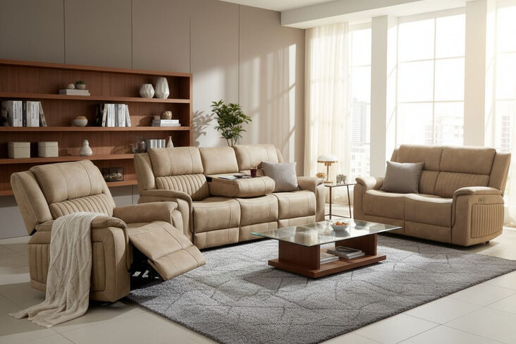 Milan 3+2+1 Seater Reclining Cinema Console Speaker Sofa Suite Bark Fabric