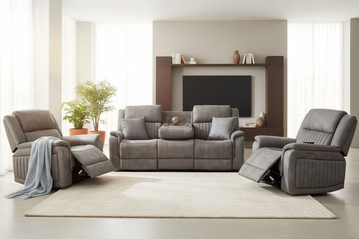 Milan 3+2+1 Seater Reclining Cinema Console Speaker Sofa Suite Grey Fabric