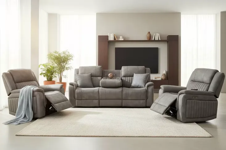 Milan 3+2+1 Seater Reclining Cinema Console Speaker Sofa Suite Grey Fabric