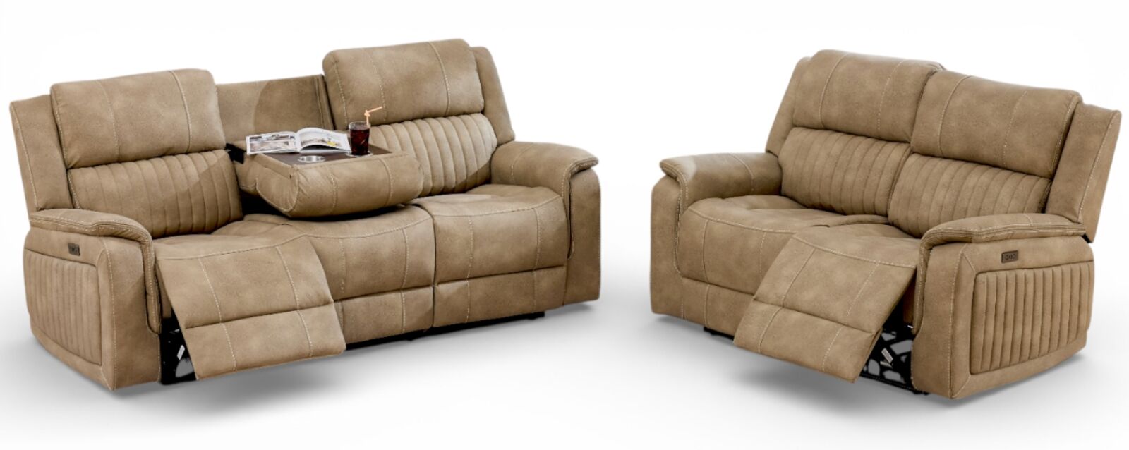 Milan 3+2 Seater Reclining Cinema Console Sofa Suite Bark Fabric