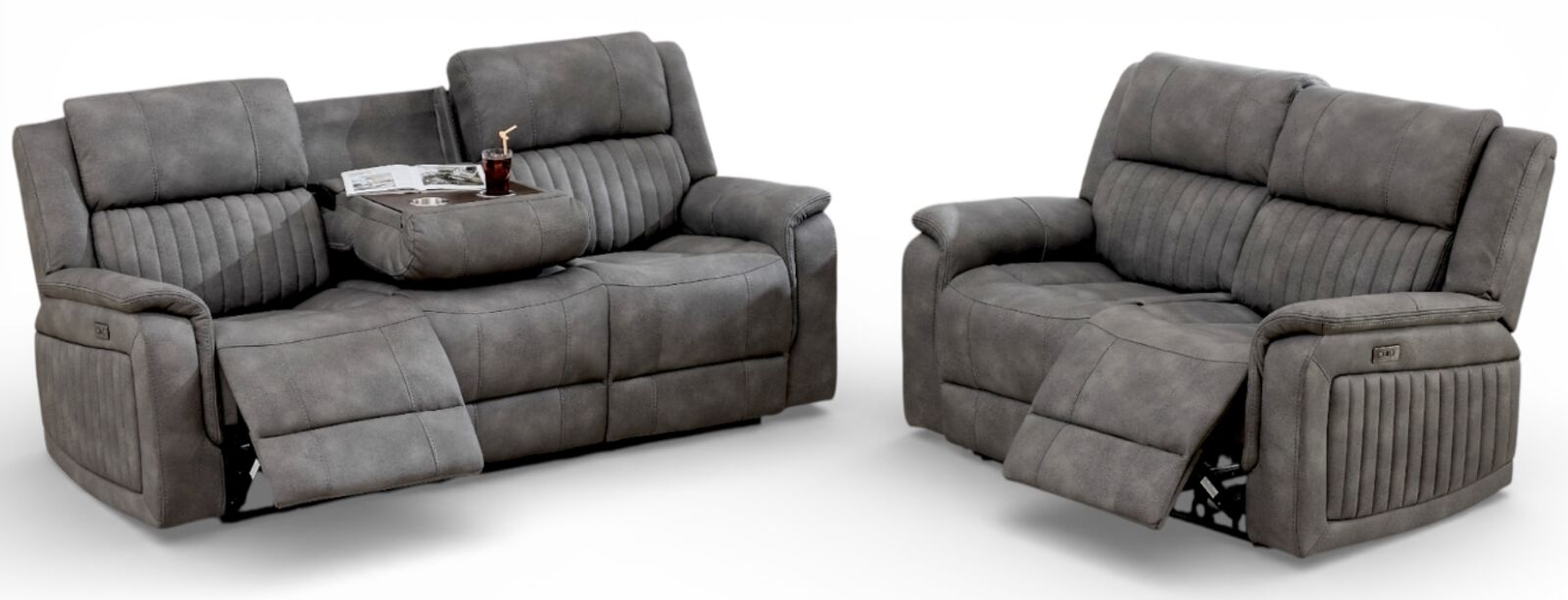 Milan 3+2 Seater Reclining Cinema Console Sofa Suite Grey Fabric