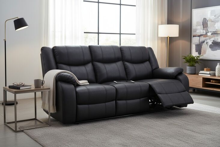 Monte 3 Seater Reclining Cinema Console Sofa Black Fabric