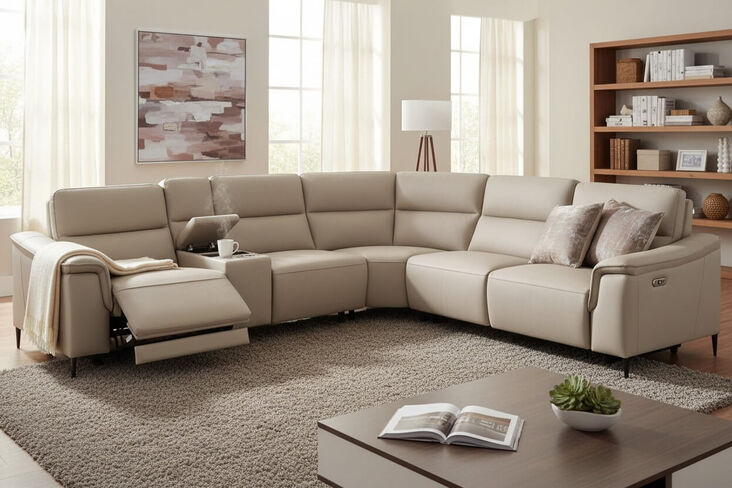 Porto Corner Cinema Console Reclining Sofa Truffle Leather 2+C+1